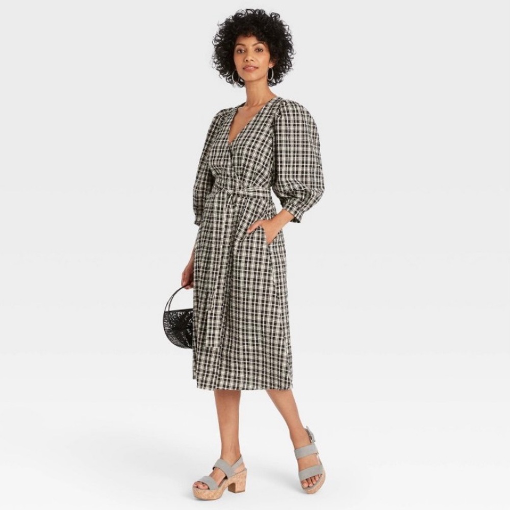 A New Day 3/4 Sleeve Plaid Wrap Dress in Black and Cream